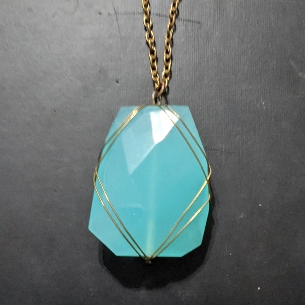 Gold Tone Aqua Rectangle Wire Wrapped Stone Pendant Necklace